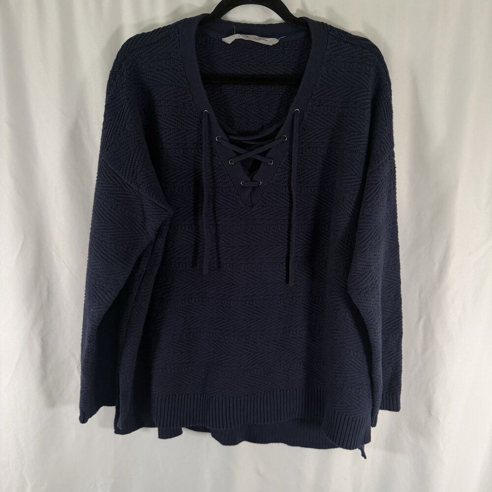 Athleta Sweater Women's XL Blue Knit Vneck Drawstring Cotton Blend Pullover